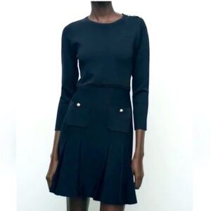 ZARA Navy Blue Pleated Knit Dress NWT